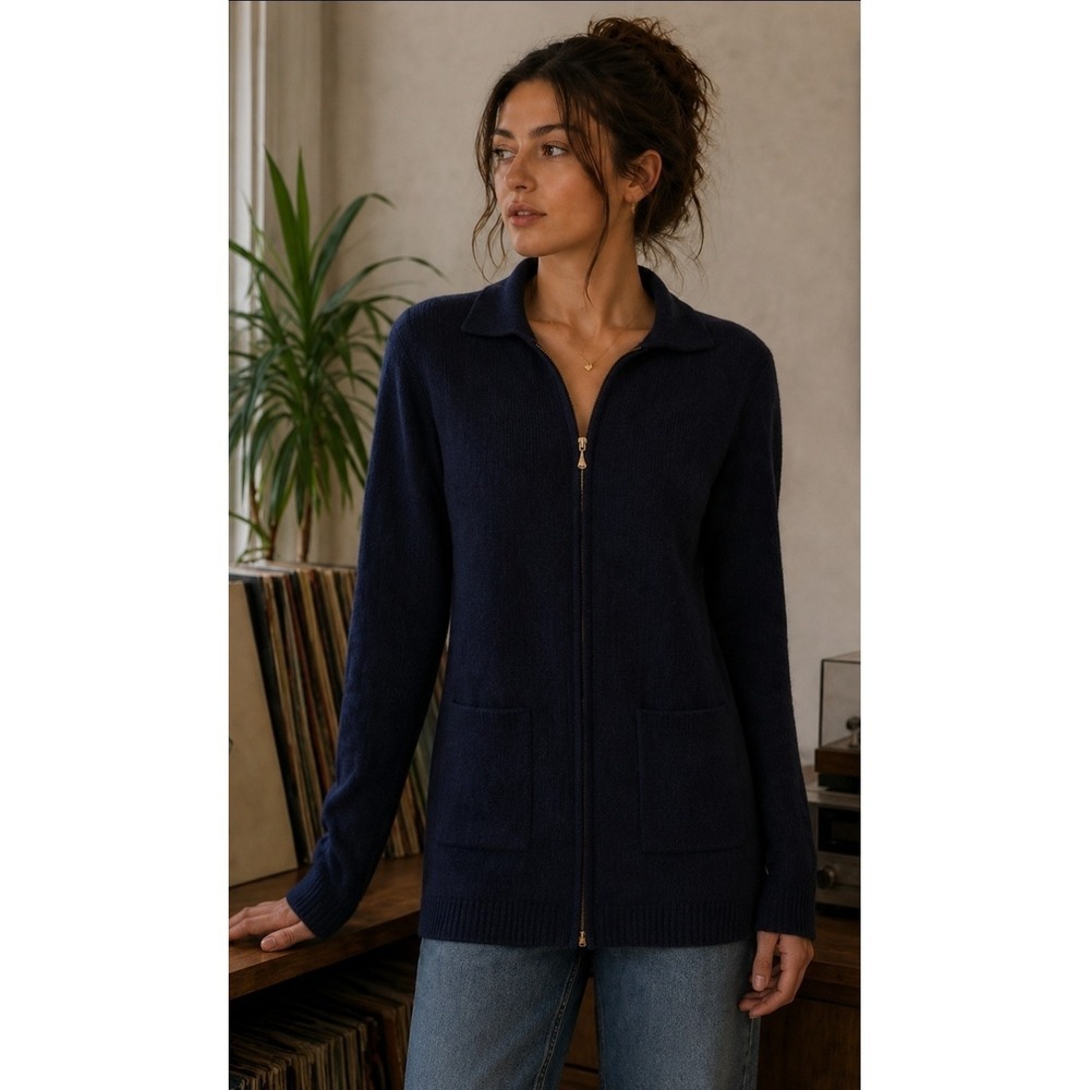 Liz Claiborne 100% Wool Zip Cardigan Sweater MEDIUM Navy Blue Collared Pockets